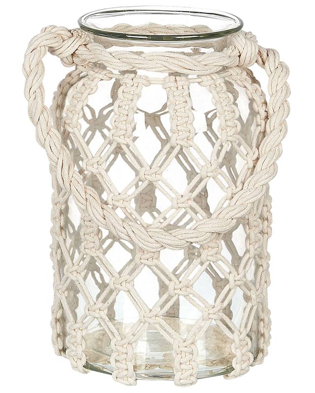 Lantern Off-White Glass 31x20cm Macrame Rope Handle Jar Single Candle Boho Beliani