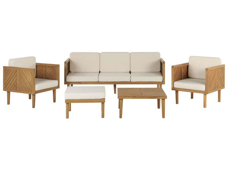 Garden Sofa Set Light Acacia Wood Light Beige Cushions 5 Seater Modern Design Outdoor Conversation Set Beliani