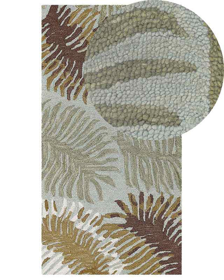 Area Rug Carpet Blue and Green Wool Plant Motif 80 x 150 cm Rustic Boho Beliani