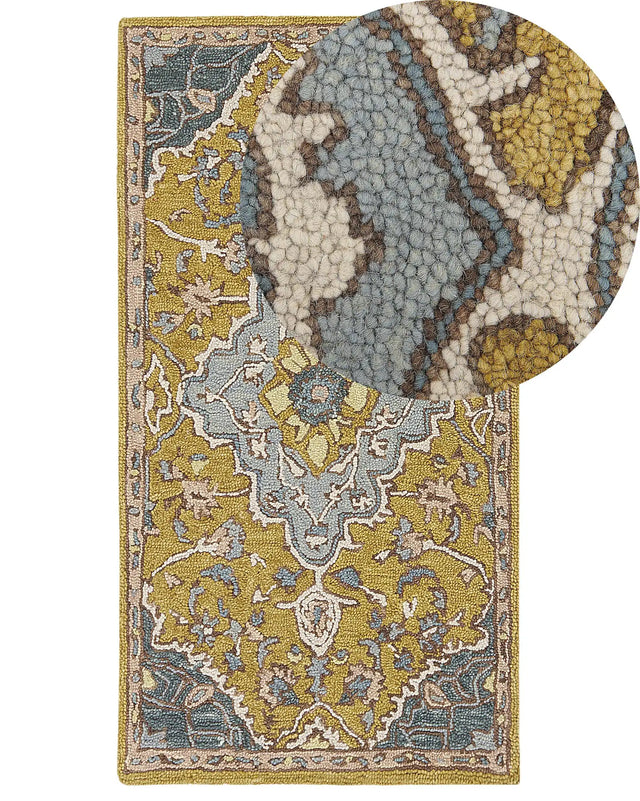 Area Rug Yellow and Blue Wool 80 x 150 cm Oriental Vintage Living Room Bedroom Beliani