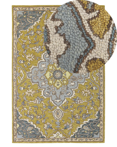 Area Rug Yellow and Blue Wool 140 x 200 cm Oriental Vintage Living Room Bedroom Beliani