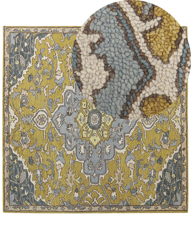 Area Rug Yellow and Blue Wool 200 x 200 cm Oriental Vintage Living Room Bedroom Beliani