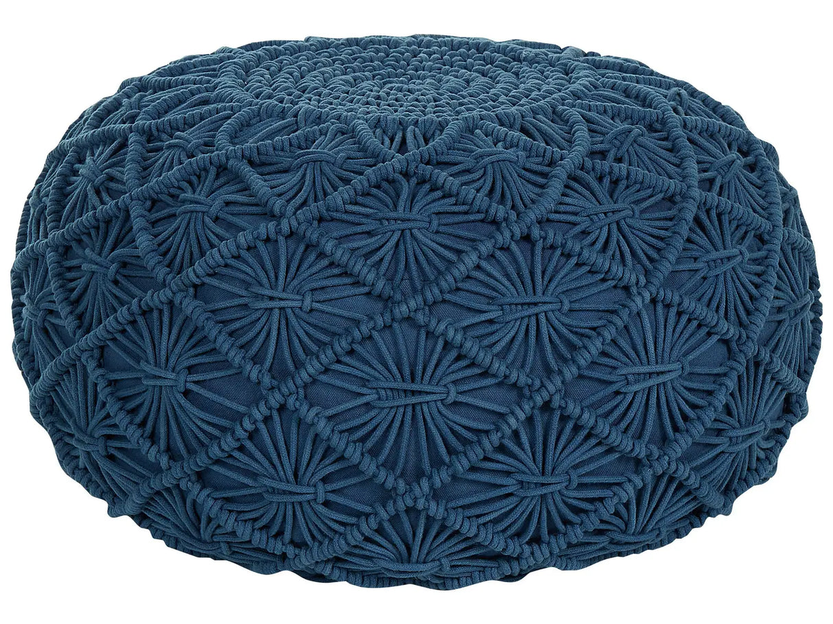 Pouffe Navy Blue Colour Cotton EPS Filling Round  50 cm Macrame Design Boho Style Ottoman Beliani