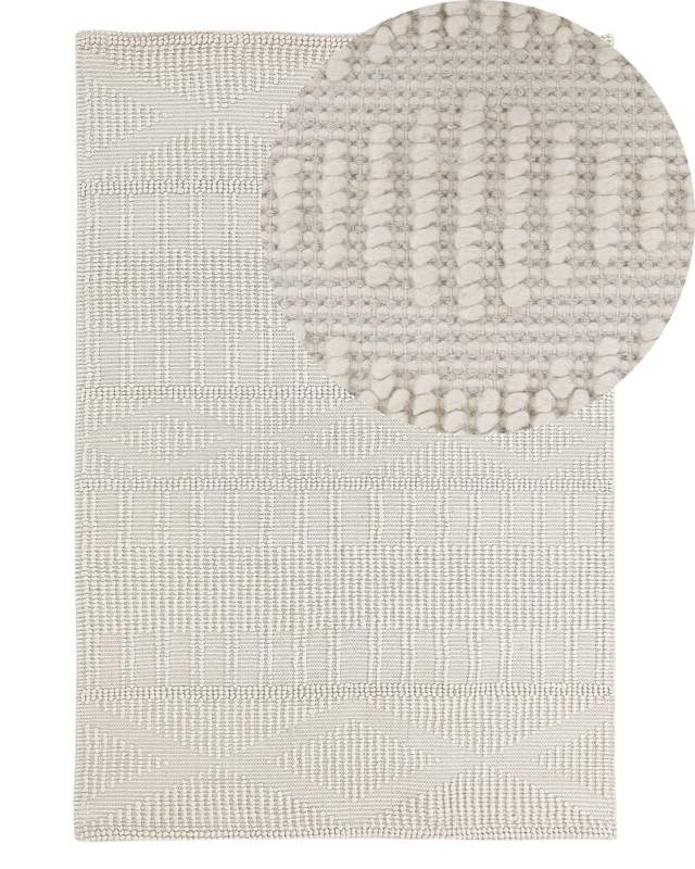 Area Rug Light Beige Wool Polyester 140 x 200 cm Hand Woven Geometric Pattern Boho Living Room Bedroom Beliani