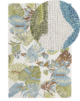 Area Rug Carpet Blue and Green Wool Leaves Motif 140 x 200 cm Rustic Boho Beliani