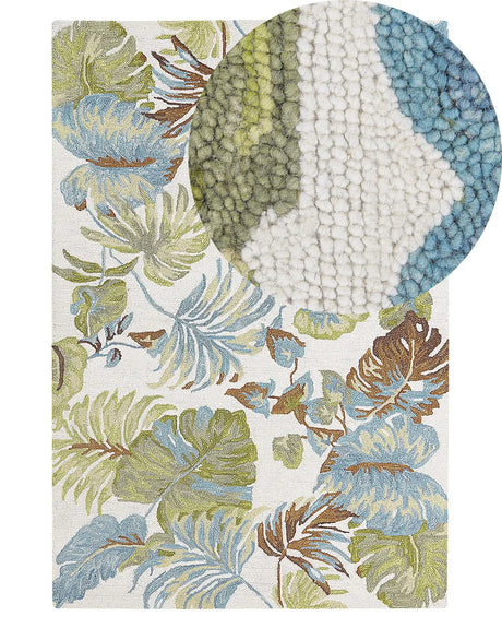 Area Rug Carpet Blue and Green Wool Leaves Motif 140 x 200 cm Rustic Boho Beliani
