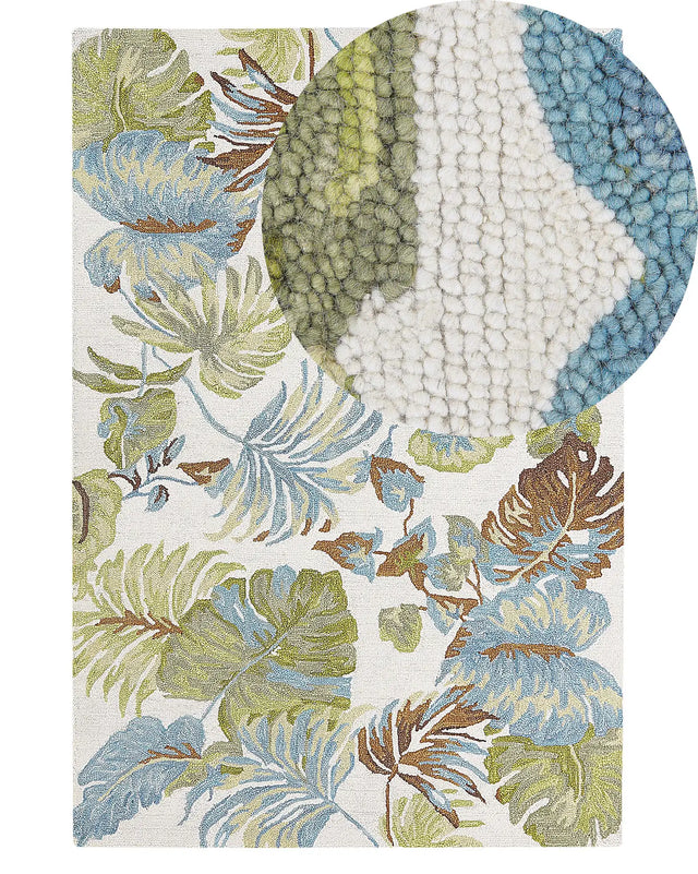 Area Rug Carpet Blue and Green Wool Leaves Motif 140 x 200 cm Rustic Boho Beliani