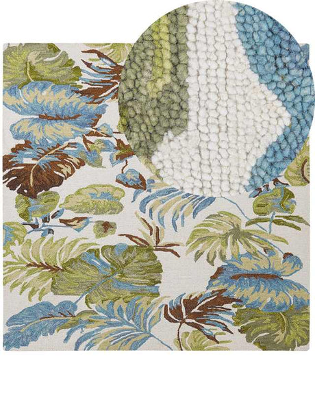 Area Rug Carpet Blue and Green Wool Leaves Motif 200 x 200 cm Rustic Boho Beliani