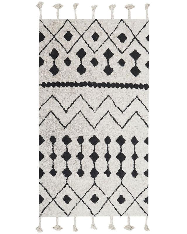 Rug Off-White Black Cotton 80 x 150 cm Geometric Pattern Runes Tribal Tassels Oriental Beliani