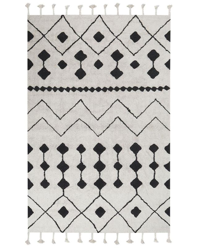 Rug Off-White Black Cotton 160 x 230 cm Geometric Pattern Runes Tribal Tassels Oriental Beliani