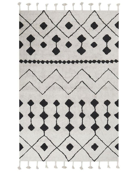 Rug Off-White Black Cotton 160 x 230 cm Geometric Pattern Runes Tribal Tassels Oriental Beliani