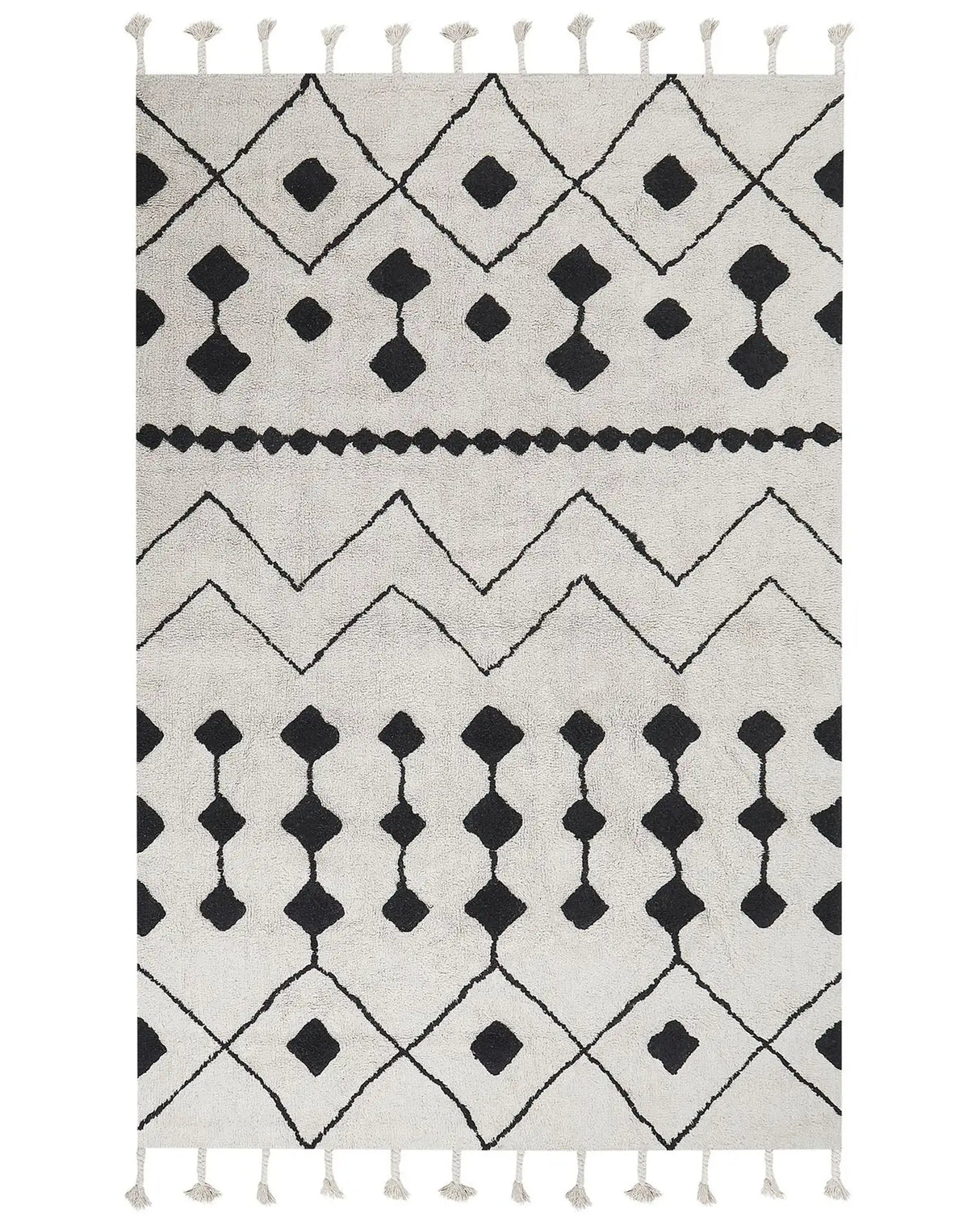 Rug Off-White Black Cotton 160 x 230 cm Geometric Pattern Runes Tribal Tassels Oriental Beliani