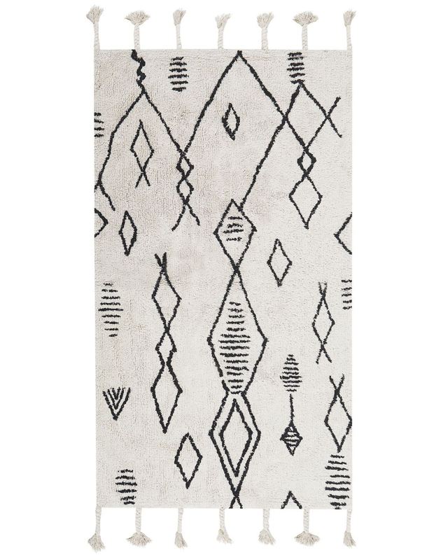 Rug Off-White Black Cotton 80 x 150 cm Geometric Pattern Runes Tribal Tassels Oriental Beliani