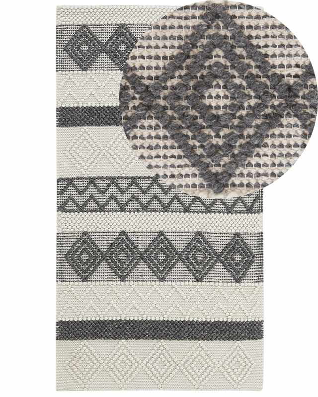 Area Rug Beige and Grey Wool Polyester 80 x 150 cm Hand Woven Geometric Pattern Boho Living Room Bedroom Beliani