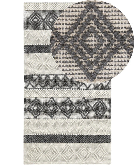 Area Rug Beige and Grey Wool Polyester 80 x 150 cm Hand Woven Geometric Pattern Boho Living Room Bedroom Beliani