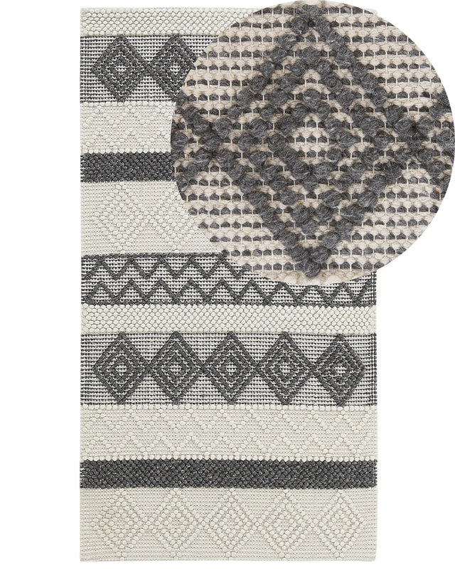 Area Rug Beige and Grey Wool Polyester 80 x 150 cm Hand Woven Geometric Pattern Boho Living Room Bedroom Beliani