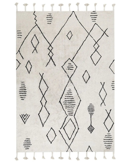 Rug Off-White Black Cotton 140 x 200 cm Geometric Pattern Runes Tribal Tassels Oriental Beliani