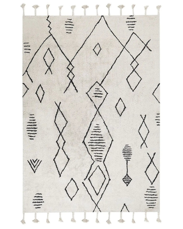 Rug Off-White Black Cotton 160 x 230 cm Geometric Pattern Runes Tribal Tassels Oriental Beliani