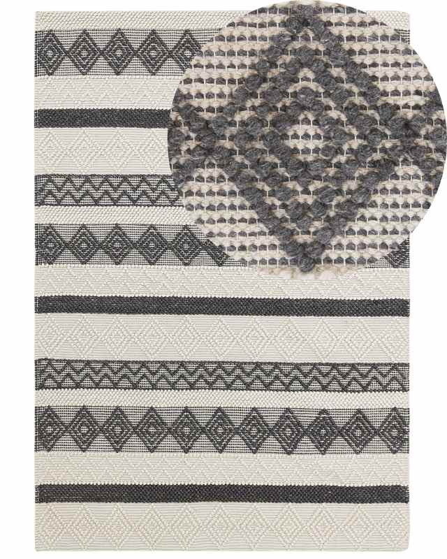 Area Rug Beige and Grey Wool Polyester 160 x 230 cm Hand Woven Geometric Pattern Boho Living Room Bedroom Beliani