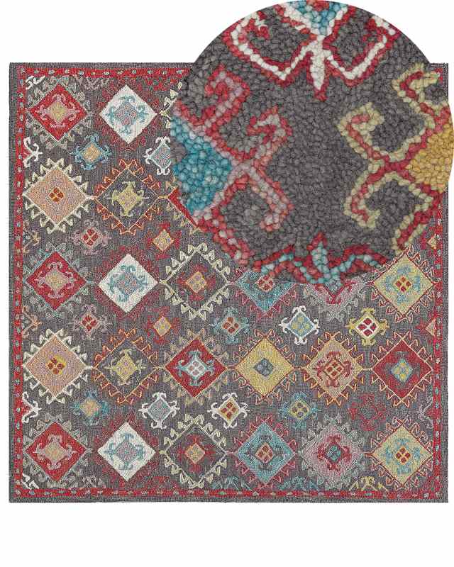Area Rug Mulitcolour Wool 200 x 200 cm Thick Dense Pile Oriental Pattern Kilim Beliani