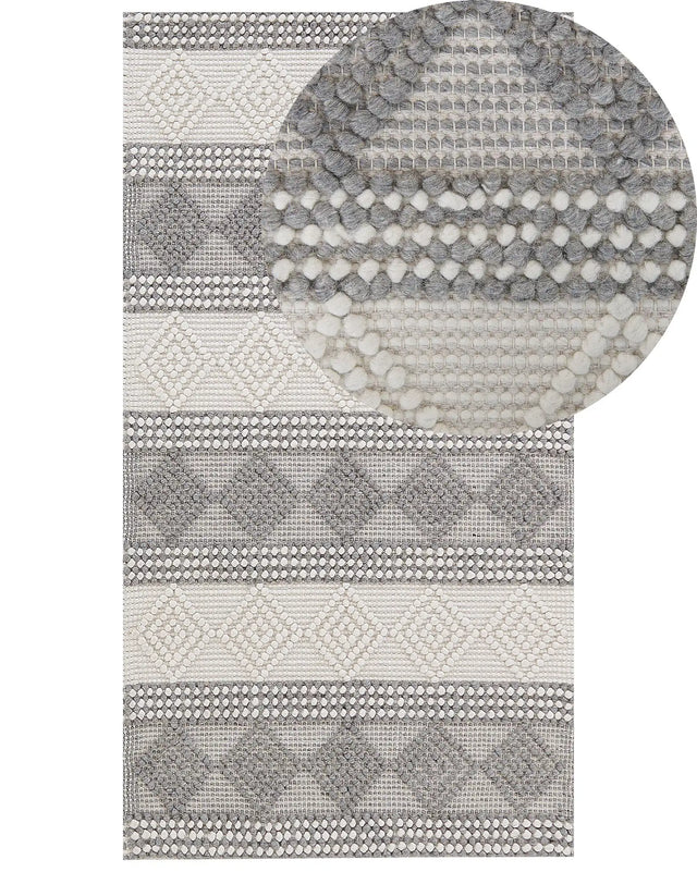 Area Rug Light Beige and Grey Wool Polyester 80 x 150 cm Hand Woven Geometric Pattern Boho Living Room Bedroom Beliani