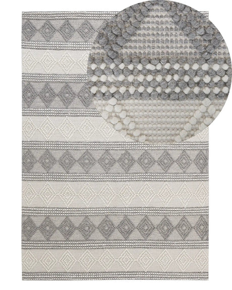 Area Rug Light Beige and Grey Wool Polyester 140 x 200 cm Hand Woven Geometric Pattern Boho Living Room Bedroom Beliani