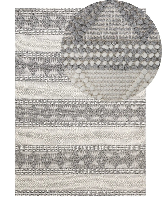 Area Rug Light Beige and Grey Wool Polyester 140 x 200 cm Hand Woven Geometric Pattern Boho Living Room Bedroom Beliani