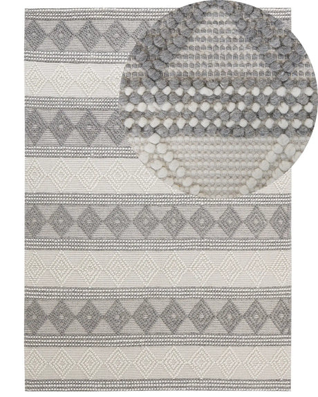 Area Rug Light Beige and Grey Wool Polyester 160 x 230 cm Hand Woven Geometric Pattern Boho Living Room Bedroom Beliani