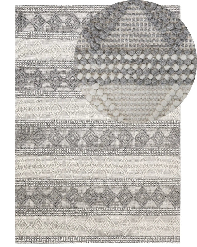 Area Rug Light Beige and Grey Wool Polyester 160 x 230 cm Hand Woven Geometric Pattern Boho Living Room Bedroom Beliani