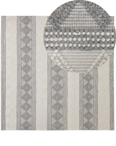 Area Rug Light Beige and Grey Wool Polyester 200 x 200 cm Hand Woven Geometric Pattern Boho Living Room Bedroom Beliani