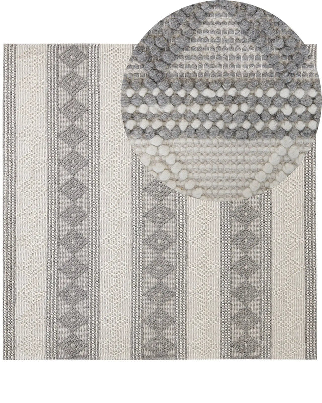 Area Rug Light Beige and Grey Wool Polyester 200 x 200 cm Hand Woven Geometric Pattern Boho Living Room Bedroom Beliani