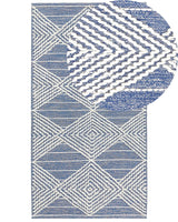 Area Rug Light Beige and Blue Wool Polyester 80 x 150 cm Hand Woven Geometric Pattern Boho Living Room Bedroom Beliani