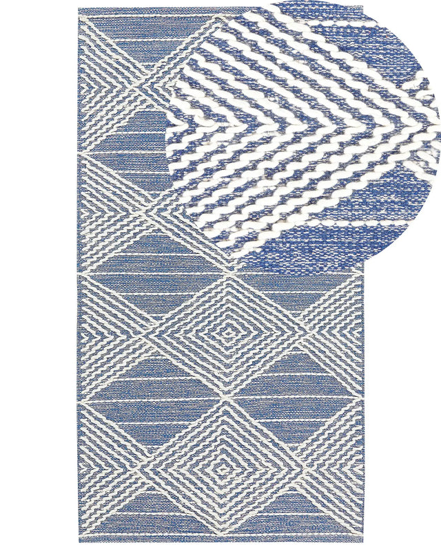 Area Rug Light Beige and Blue Wool Polyester 80 x 150 cm Hand Woven Geometric Pattern Boho Living Room Bedroom Beliani