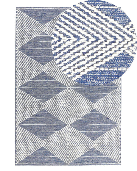 Area Rug Light Beige and Blue Wool Polyester 140 x 200 cm Hand Woven Geometric Pattern Boho Living Room Bedroom Beliani
