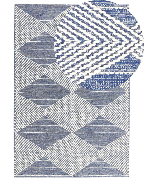 Area Rug Light Beige and Blue Wool Polyester 160 x 230 cm Hand Woven Geometric Pattern Boho Living Room Bedroom Beliani