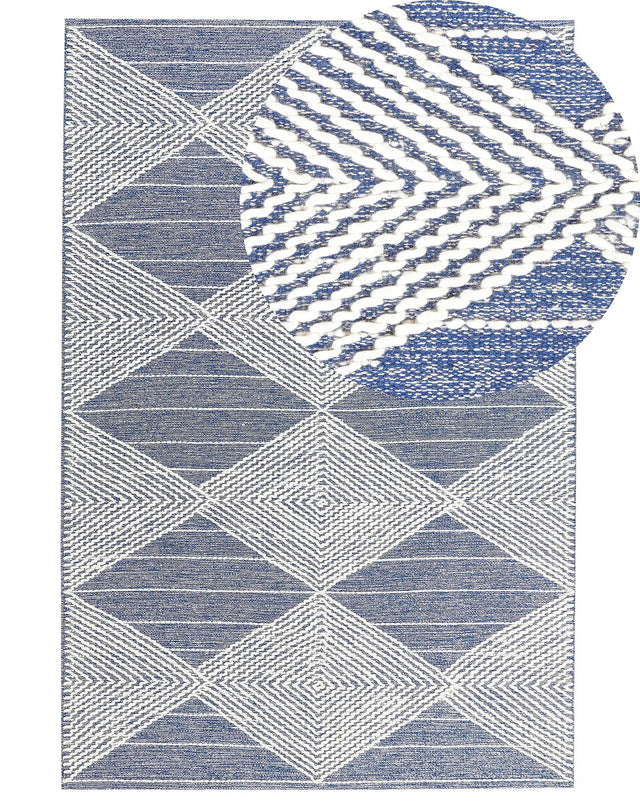 Area Rug Light Beige and Blue Wool Polyester 160 x 230 cm Hand Woven Geometric Pattern Boho Living Room Bedroom Beliani