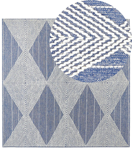 Area Rug Light Beige and Blue Wool Polyester 200 x 200 cm Hand Woven Geometric Pattern Boho Living Room Bedroom Beliani