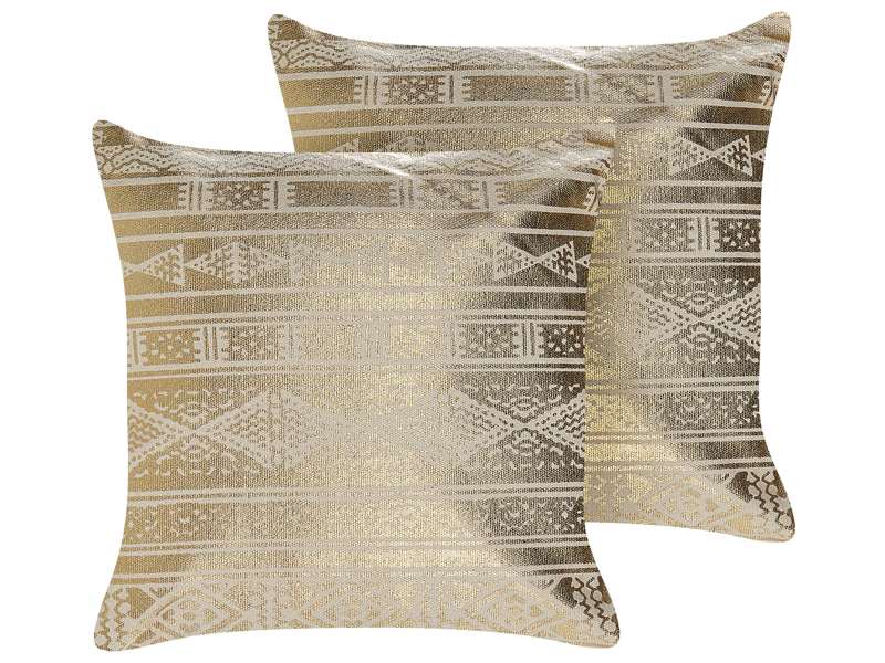 Set of 2 Decorative Cushions Gold Cotton 50 x 50 cm Geometric Pattern Foil Print Glamour Decor Accessories Beliani