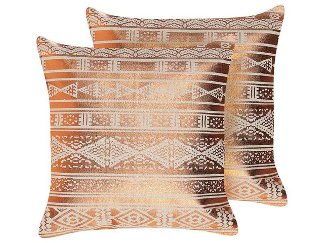 Set of 2 Decorative Cushions Copper Cotton 50 x 50 cm Geometric Pattern Foil Print Glamour Decor Accessories Beliani