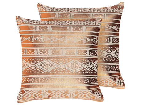 Set of 2 Decorative Cushions Copper Cotton 50 x 50 cm Geometric Pattern Foil Print Glamour Decor Accessories Beliani