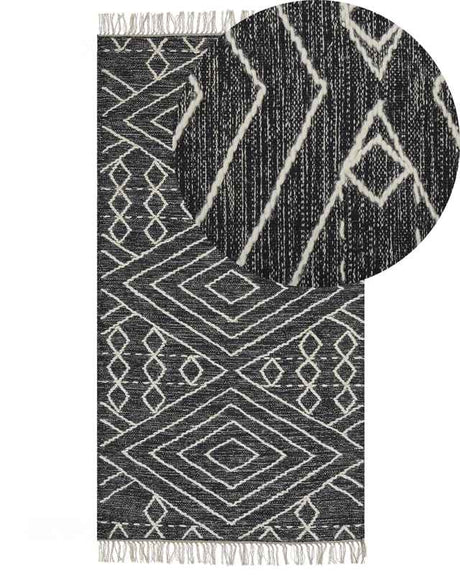 Rug Off-White Black Cotton Wool 80 x 150 cm Geometric Pattern Runes Tribal Tassels Oriental Beliani