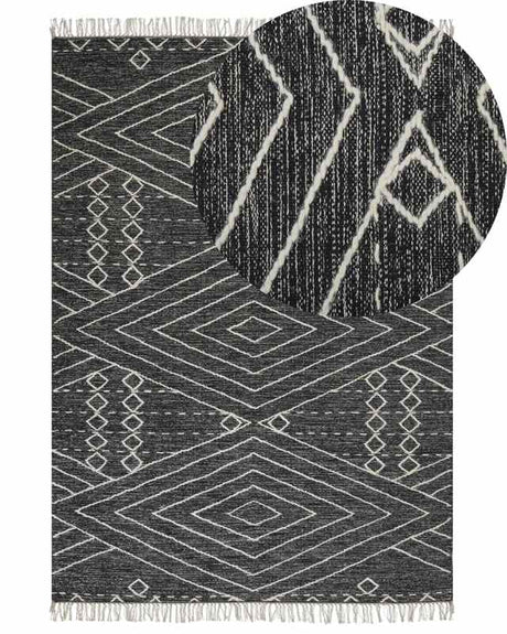 Rug Off-White Black Cotton Wool 140 x 200 cm Geometric Pattern Runes Tribal Tassels Oriental Beliani