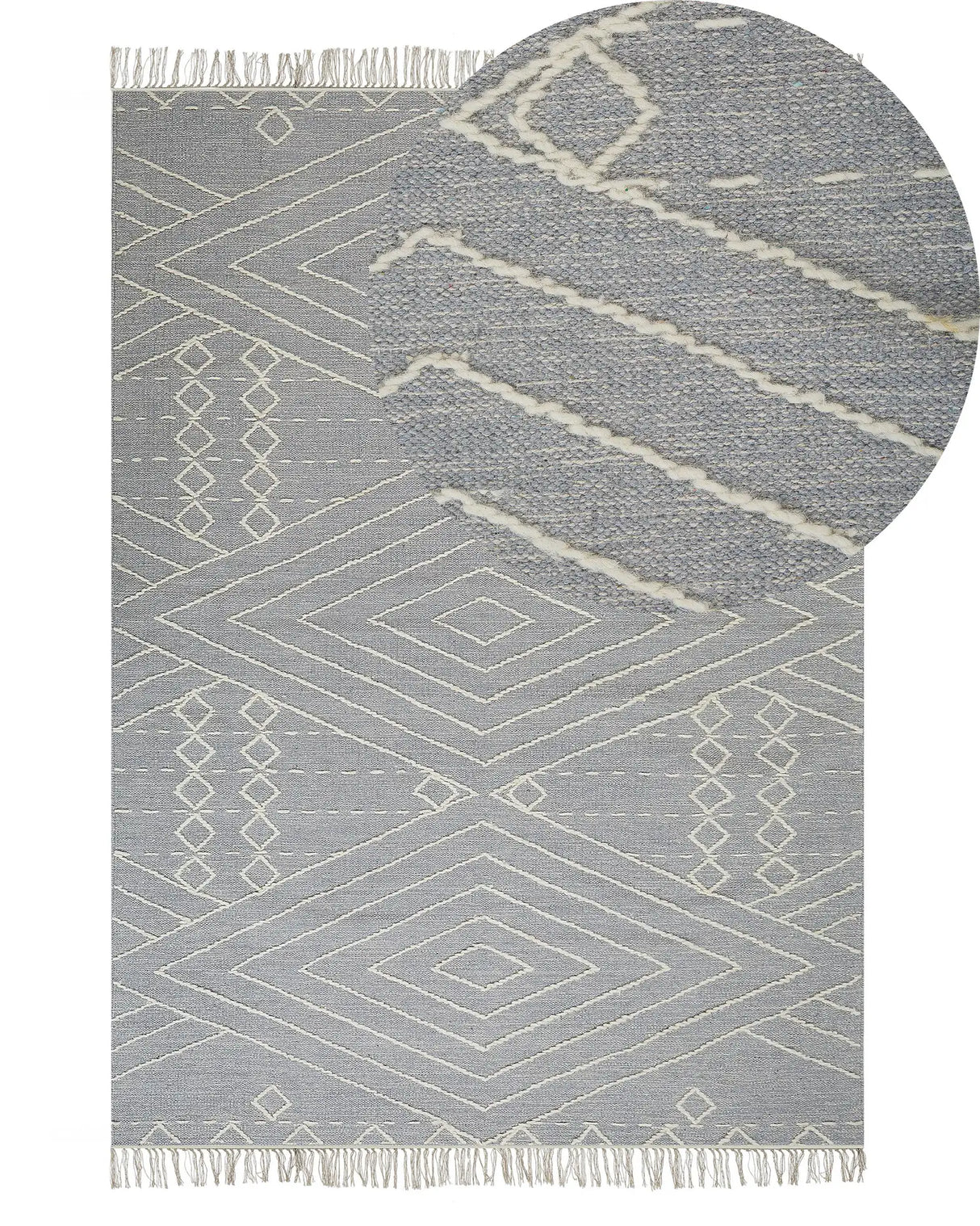 Rug Off-White Grey Cotton Wool 80 x 150 cm Geometric Pattern Runes Tribal Tassels Oriental Beliani