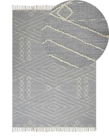 Rug Off-White Grey Cotton Wool 80 x 150 cm Geometric Pattern Runes Tribal Tassels Oriental Beliani