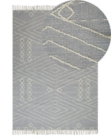 Rug Off-White Grey Cotton Wool 140 x 200 cm Geometric Pattern Runes Tribal Tassels Oriental Beliani