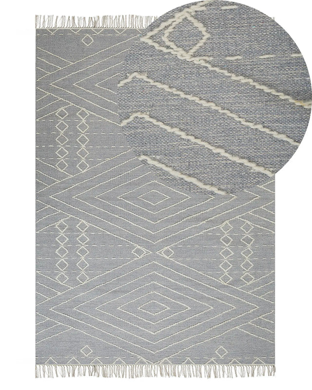 Rug Off-White Grey Cotton Wool 140 x 200 cm Geometric Pattern Runes Tribal Tassels Oriental Beliani