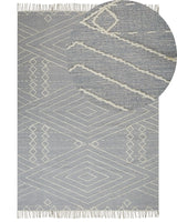 Rug Off-White Grey Cotton Wool 160 x 230 cm Geometric Pattern Runes Tribal Tassels Oriental Beliani