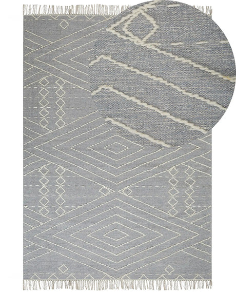 Rug Off-White Grey Cotton Wool 160 x 230 cm Geometric Pattern Runes Tribal Tassels Oriental Beliani