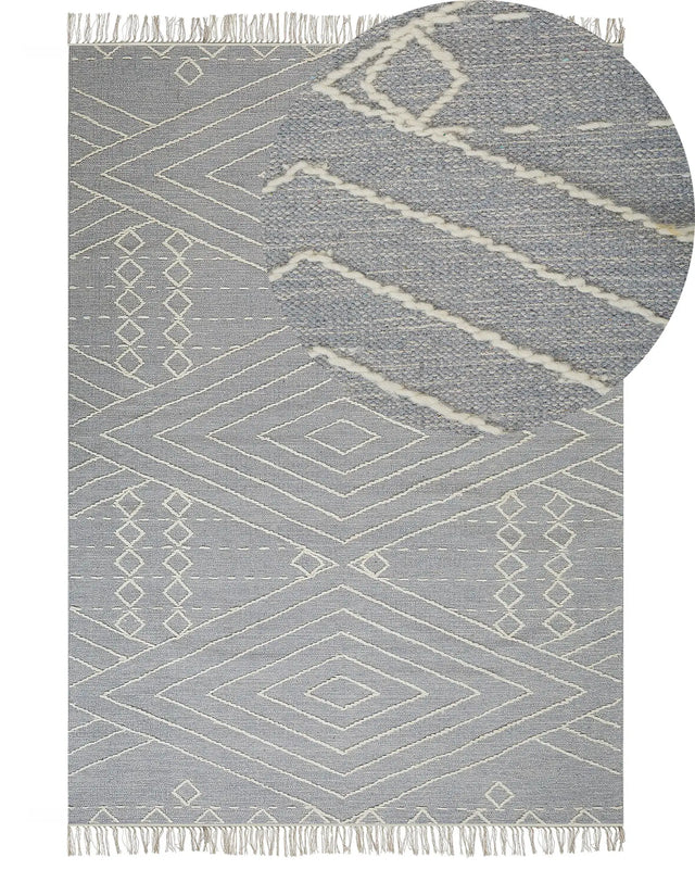 Rug Off-White Grey Cotton Wool 160 x 230 cm Geometric Pattern Runes Tribal Tassels Oriental Beliani