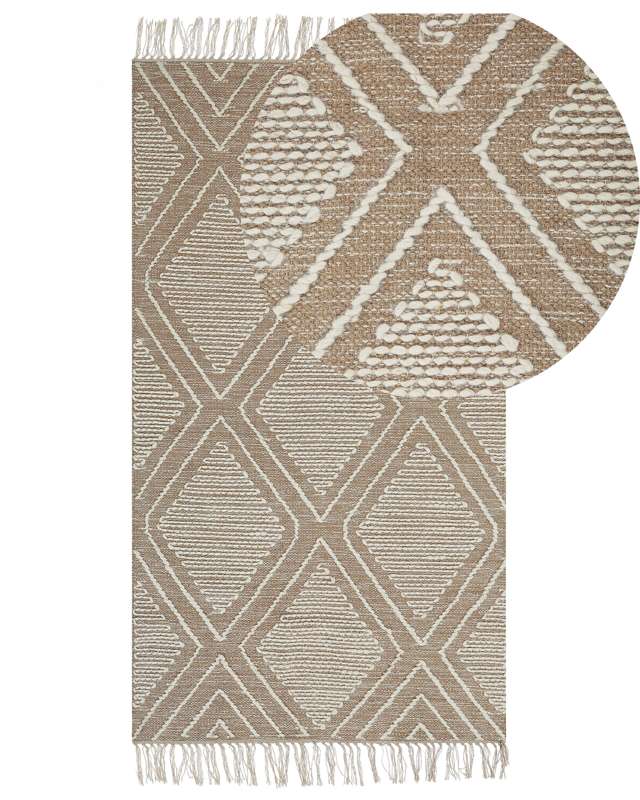 Rug Off-White Beige Cotton Wool 80 x 150 cm Geometric Pattern Runes Tribal Tassels Oriental Beliani